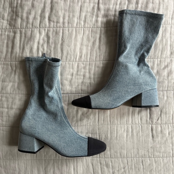 Blue Denim Ankle Boots with Black Toe Cap - Picture 5 of 11